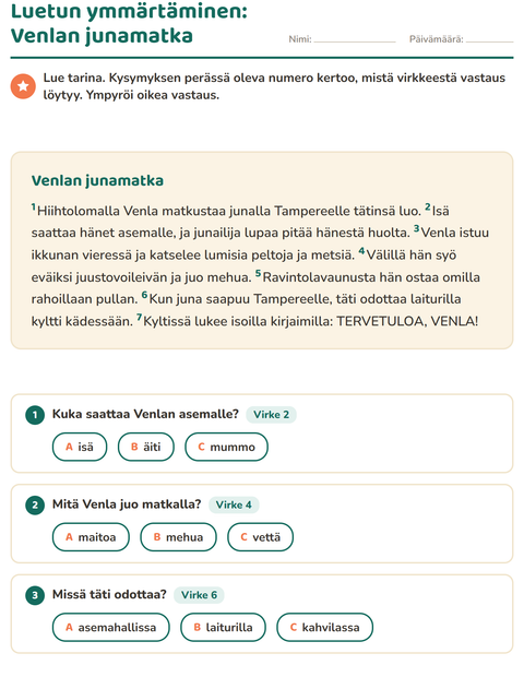 Esikatselu: Luetun ymmärtäminen-tehtäväarkki, 2. luokka