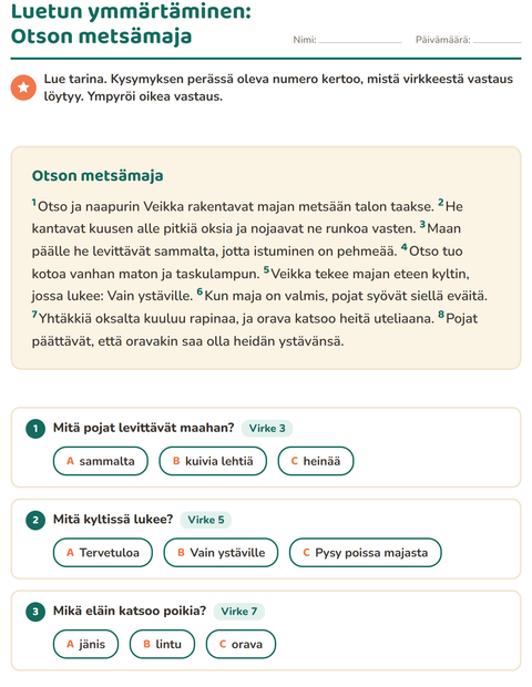 Esikatselu: Luetun ymmärtäminen-tehtäväarkki, 2. luokka