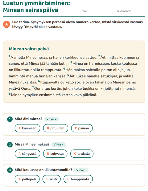 Esikatselu: Luetun ymmärtäminen-tehtäväarkki, 2. luokka