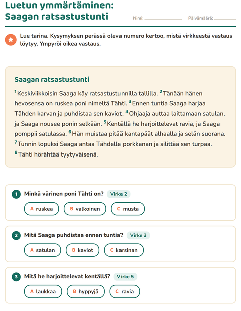 Esikatselu: Luetun ymmärtäminen-tehtäväarkki, 2. luokka