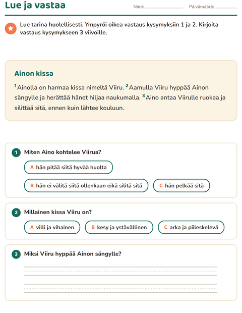 Esikatselu: Luetun ymmärtäminen-tehtäväarkki, 2. luokka