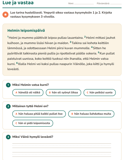 Esikatselu: Luetun ymmärtäminen-tehtäväarkki, 2. luokka