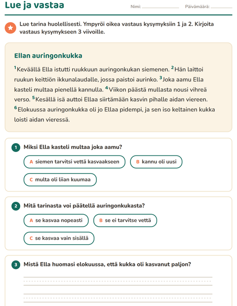 Esikatselu: Luetun ymmärtäminen-tehtäväarkki, 2. luokka