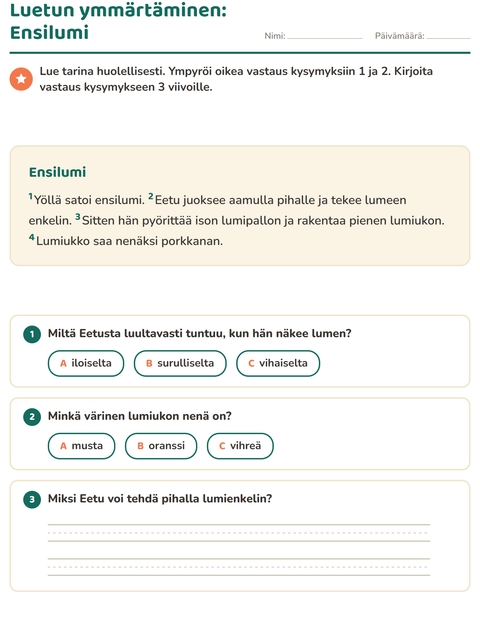Esikatselu: Luetun ymmärtäminen-tehtäväarkki, 2. luokka