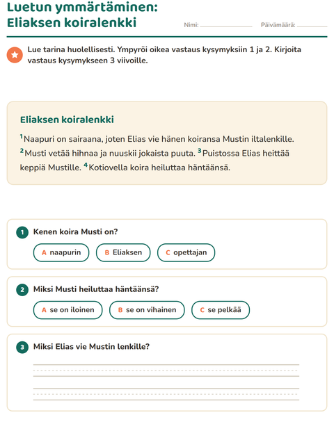 Esikatselu: Luetun ymmärtäminen-tehtäväarkki, 2. luokka