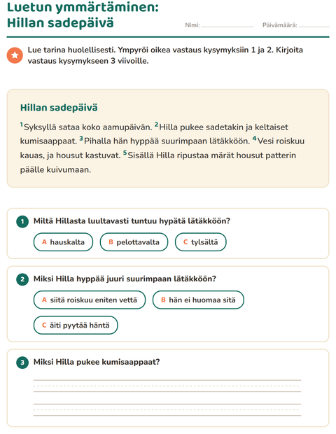 Esikatselu: Luetun ymmärtäminen-tehtäväarkki, 2. luokka