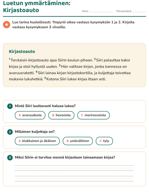Esikatselu: Luetun ymmärtäminen-tehtäväarkki, 2. luokka