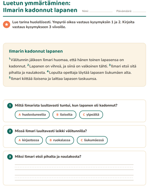 Esikatselu: Luetun ymmärtäminen-tehtäväarkki, 2. luokka