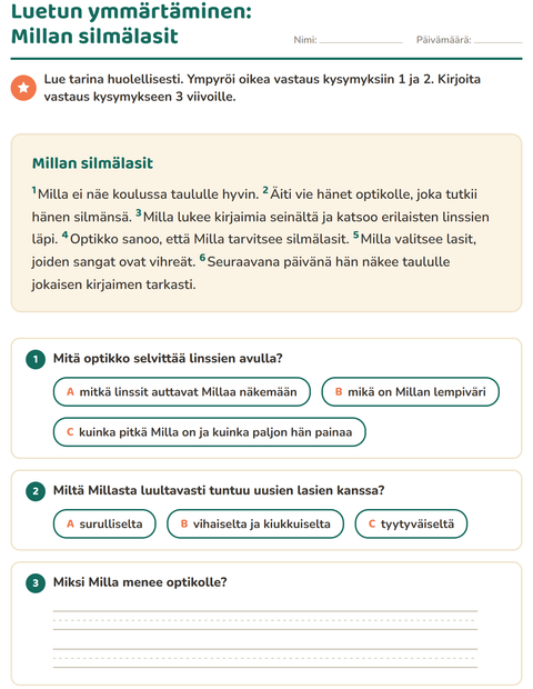 Esikatselu: Luetun ymmärtäminen-tehtäväarkki, 2. luokka