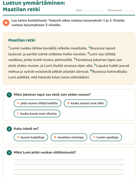 Esikatselu: Luetun ymmärtäminen-tehtäväarkki, 2. luokka