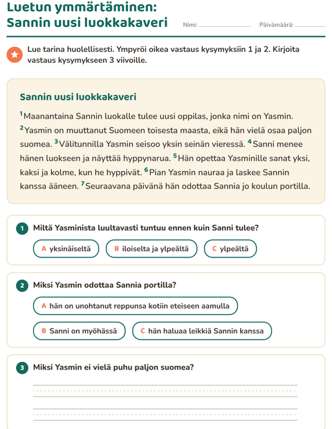 Esikatselu: Luetun ymmärtäminen-tehtäväarkki, 2. luokka