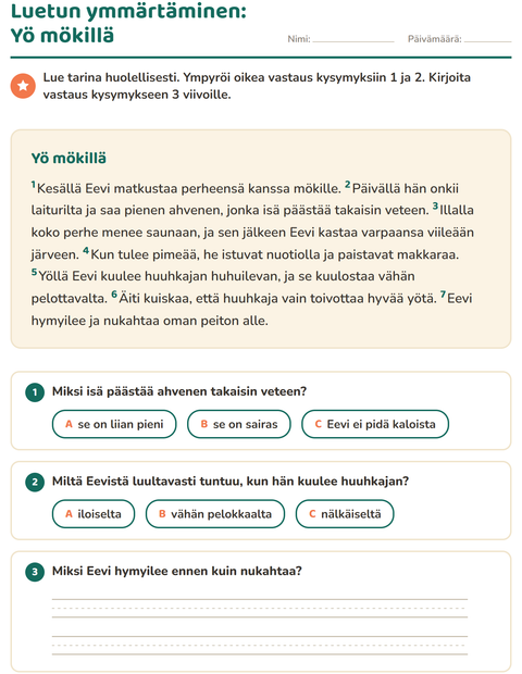 Esikatselu: Luetun ymmärtäminen-tehtäväarkki, 2. luokka