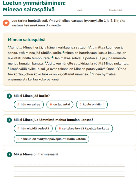 Esikatselu: Luetun ymmärtäminen-tehtäväarkki, 2. luokka