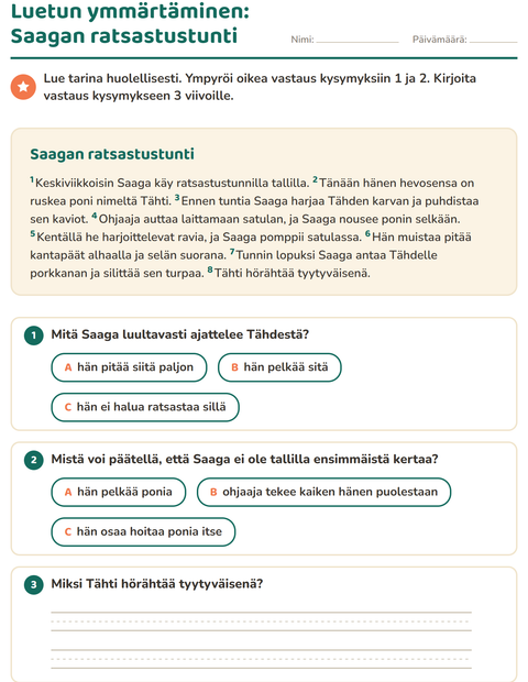 Esikatselu: Luetun ymmärtäminen-tehtäväarkki, 2. luokka