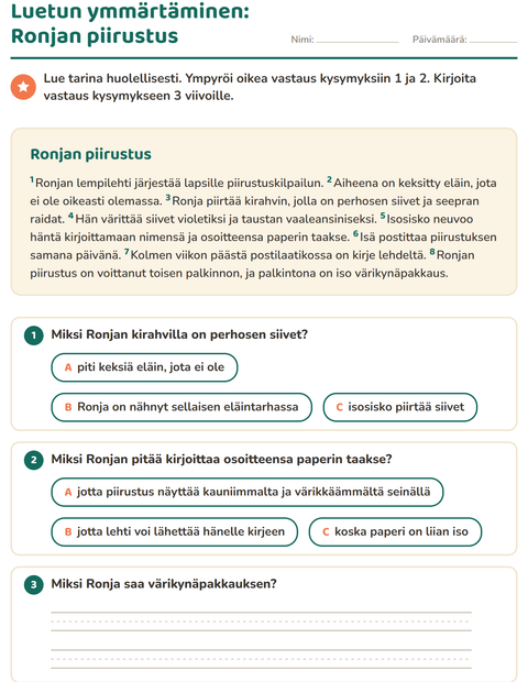 Esikatselu: Luetun ymmärtäminen-tehtäväarkki, 2. luokka