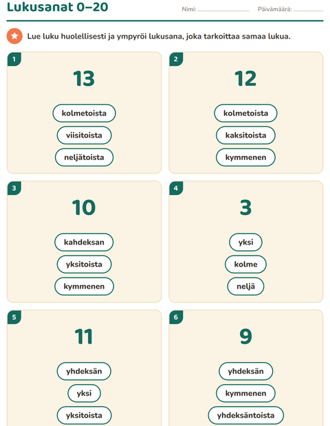 Esikatselu: Lukusanat-tehtäväarkki, 1. luokka