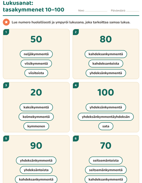 Tasakymmenten lukusanat 10–100
