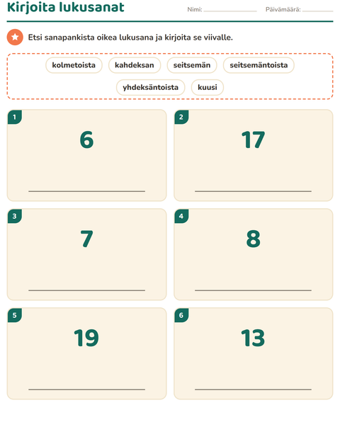 Esikatselu: Lukusanat-tehtäväarkki, 1. luokka