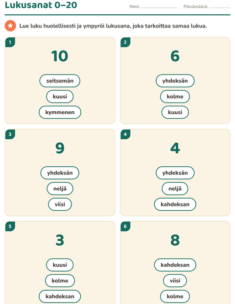 Esikatselu: Lukusanat-tehtäväarkki, 1. luokka