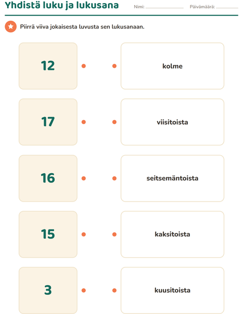 Esikatselu: Lukusanat-tehtäväarkki, 1. luokka