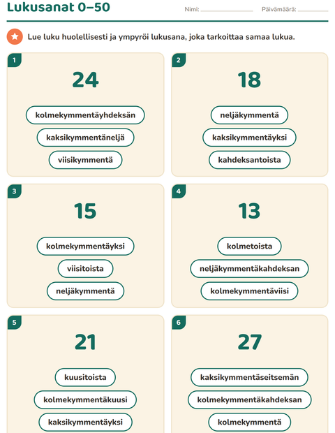 Esikatselu: Lukusanat-tehtäväarkki, 1. luokka