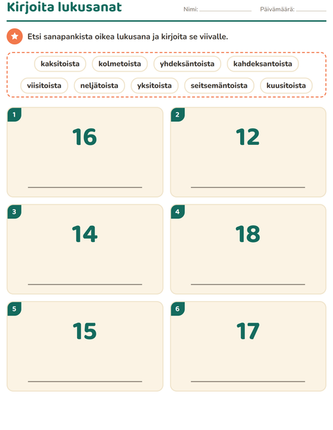Esikatselu: Lukusanat-tehtäväarkki, 1. luokka