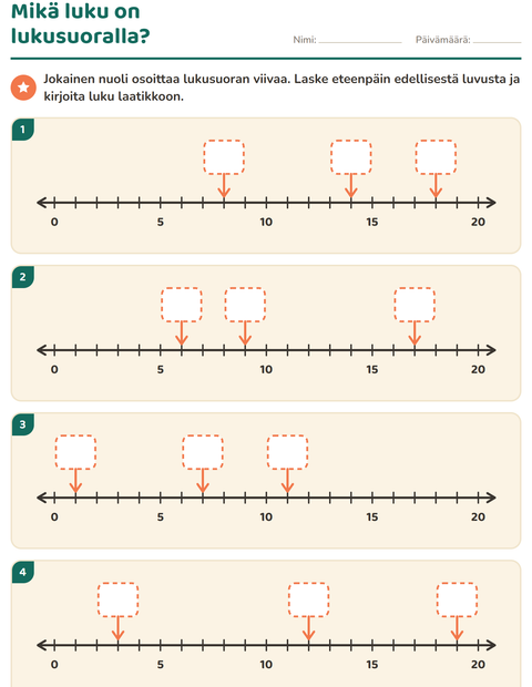 Lukusuora 0–20: mikä luku nuolen kohdalla on?