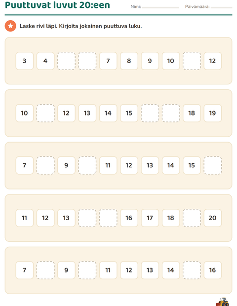 Puuttuvat luvut esikoulussa – lukurivi 10:een ja 20:een — 3