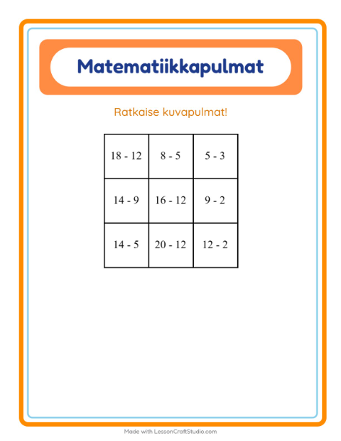 Esikatselu: Matematiikkapulma-tehtäväarkki, aiheena Aktiviteetit, 1. luokka