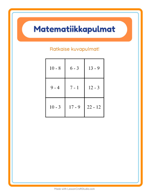 Matematiikkapulma, vähennyslasku – Asusteet