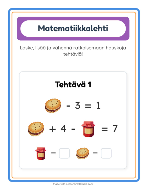 Esikatselu: Matematiikkatehtävä-tehtäväarkki, aiheena Aamiainen, Esiopetus