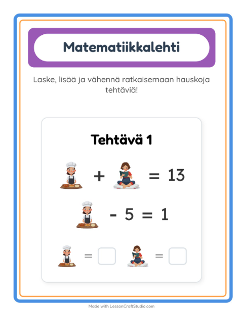 Esikatselu: Päättele kuvien arvot, kaksi kuvaa: Aktiviteetit – 1. luokan oppilaille