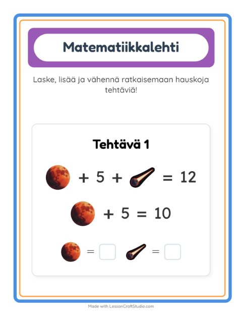 Esikatselu: Matematiikkatehtävä-tehtäväarkki, aiheena Avaruus, Esiopetus