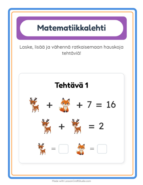 Esikatselu: Matematiikkatehtävä-tehtäväarkki, aiheena Eläimet, Esiopetus