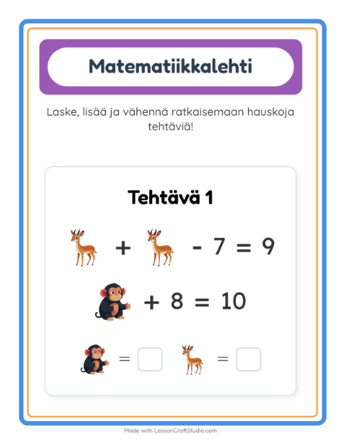 Esikatselu: Matematiikkatehtävä-tehtäväarkki, aiheena Eläintarhan eläimet, Esiopetus