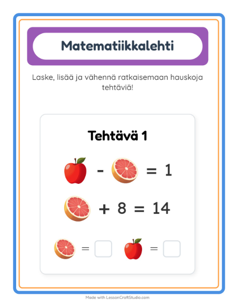 Esikatselu: Päättele kuvien arvot, kaksi kuvaa: Hedelmät – 1. luokan oppilaille
