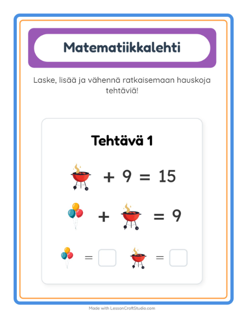 Esikatselu: Matematiikkatehtävä-tehtäväarkki, aiheena Heinäkuun 4., Esiopetus