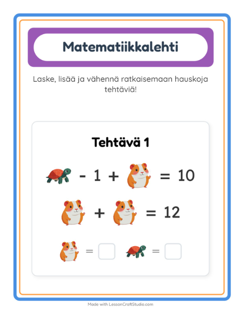 Esikatselu: Matematiikkatehtävä-tehtäväarkki, aiheena Lemmikit, Esiopetus