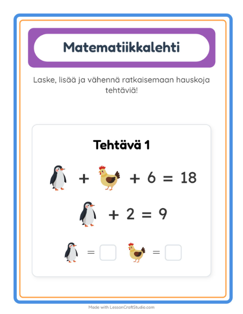Esikatselu: Matematiikkatehtävä-tehtäväarkki, aiheena Linnut 2, Esiopetus