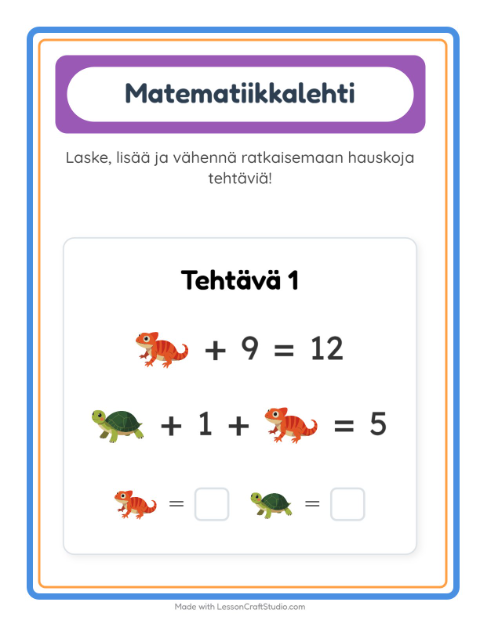 Esikatselu: Matematiikkatehtävä-tehtäväarkki, aiheena Matelijat ja sammakkoeläimet, Esiopetus