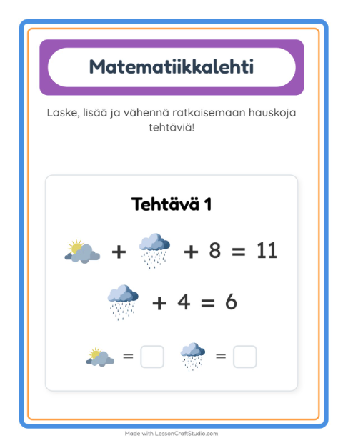 Esikatselu: Matematiikkatehtävä-tehtäväarkki, aiheena Sää, Esiopetus