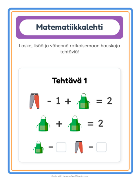 Esikatselu: Matematiikkatehtävä-tehtäväarkki, aiheena Vaatteet, Esiopetus