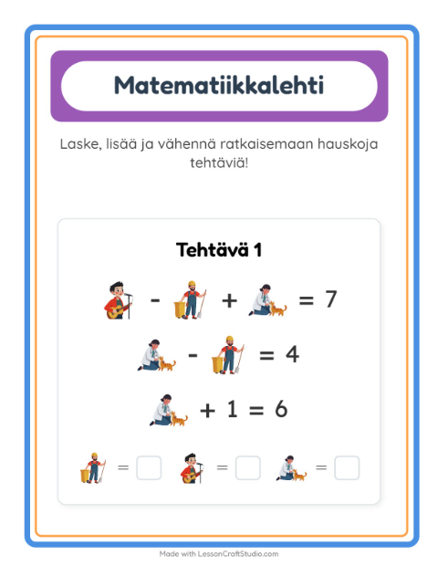 Esikatselu: Matematiikkatehtävä-tehtäväarkki, aiheena Ammatit, Esiopetus