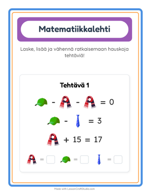 Esikatselu: Päättele kuvien arvot, kolme kuvaa: Asusteet – 1. luokan oppilaille