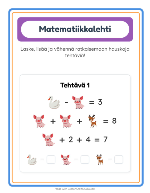 Esikatselu: Päättele kuvien arvot, kolme kuvaa: Eläimet – 1. luokan oppilaille