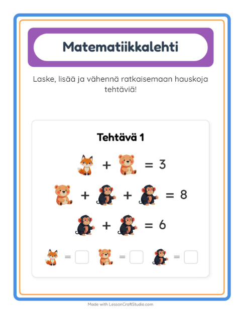 Esikatselu: Matematiikkatehtävä-tehtäväarkki, aiheena Eläintarhan eläimet, Esiopetus