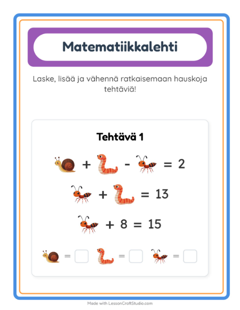 Esikatselu: Päättele kuvien arvot, kolme kuvaa: Hyönteiset ja ötökät – 1. luokan oppilaille