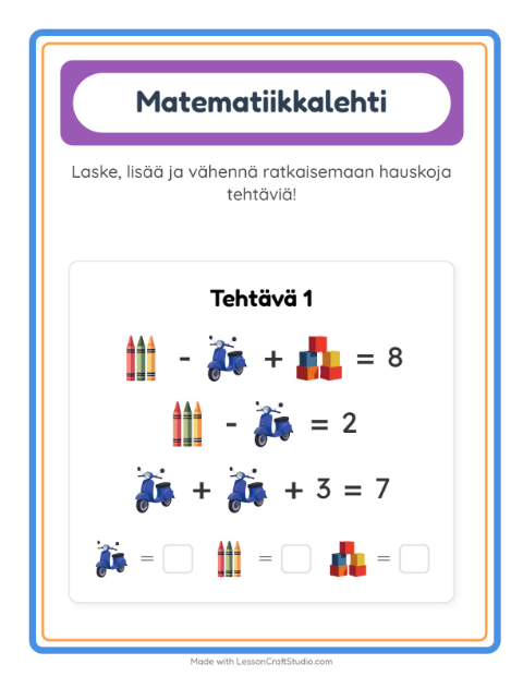 Esikatselu: Matematiikkatehtävä-tehtäväarkki, aiheena Lelut, Esiopetus