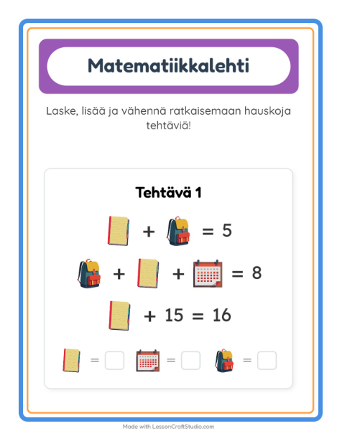 Esikatselu: Matematiikkatehtävä-tehtäväarkki, aiheena Luokkahuone, Esiopetus