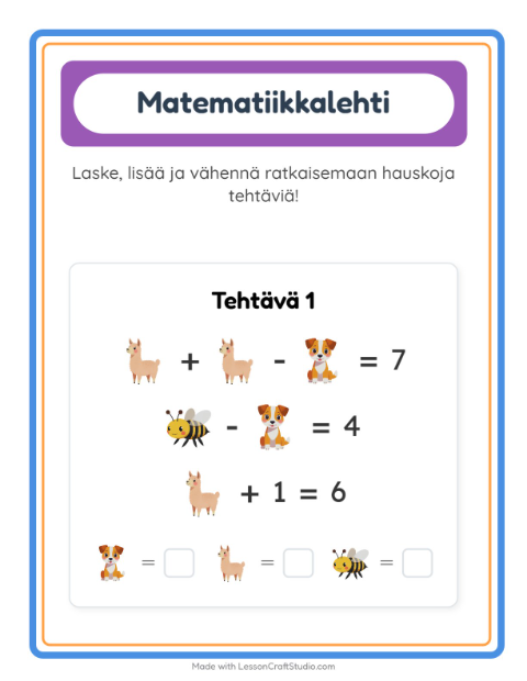 Esikatselu: Matematiikkatehtävä-tehtäväarkki, aiheena Maatilan eläimet, Esiopetus